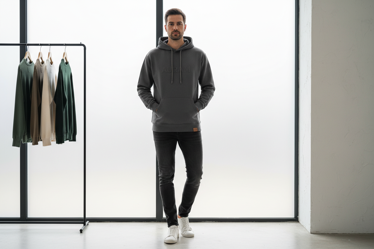 A man wearing a custom printed hooded sweatshirt, an example of a design-your-own sweatshirt