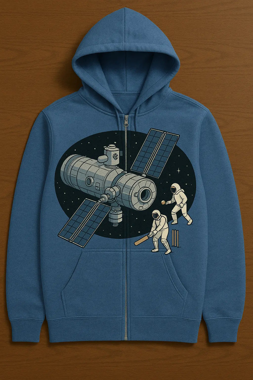 Funny cricket gift: blue hoodie printed with astronauts playing cricket in space