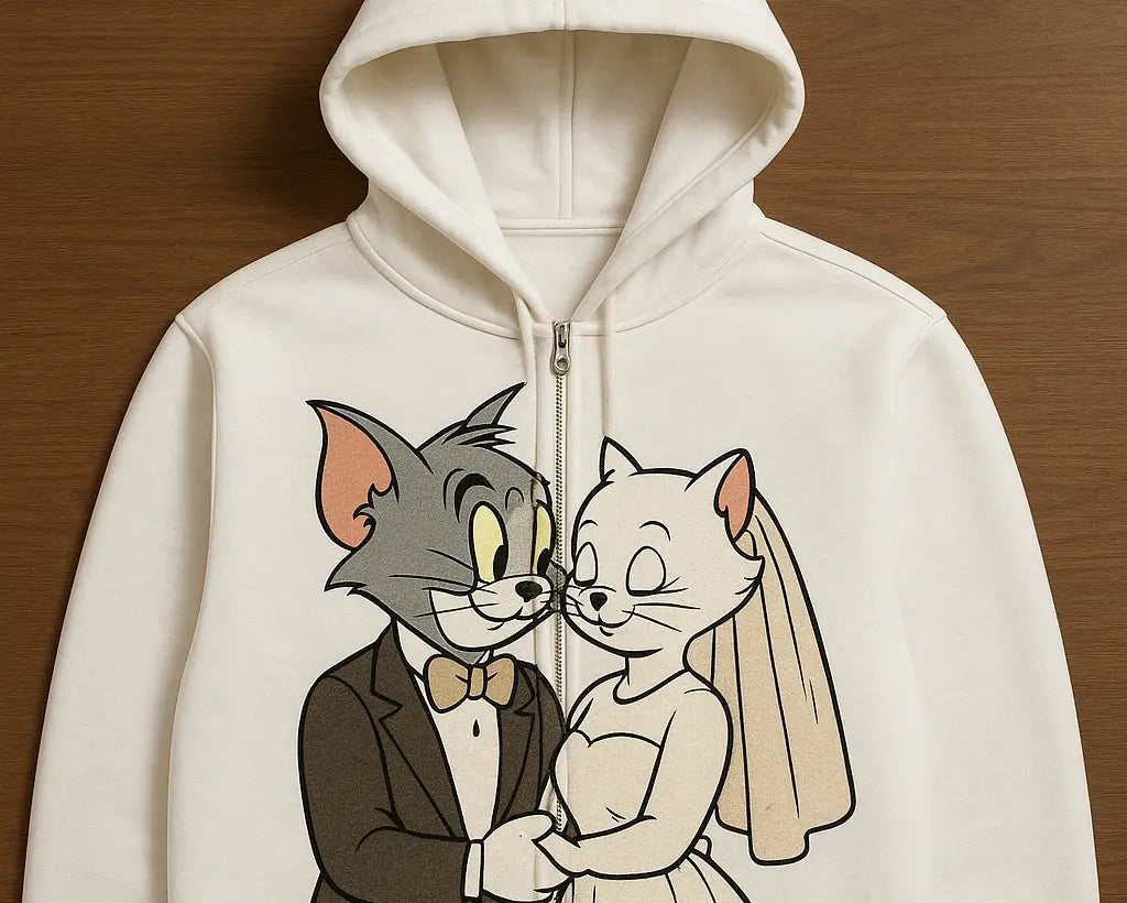 A cartoon cat wedding printed on a white zip-up hoodie, a personalized gift idea