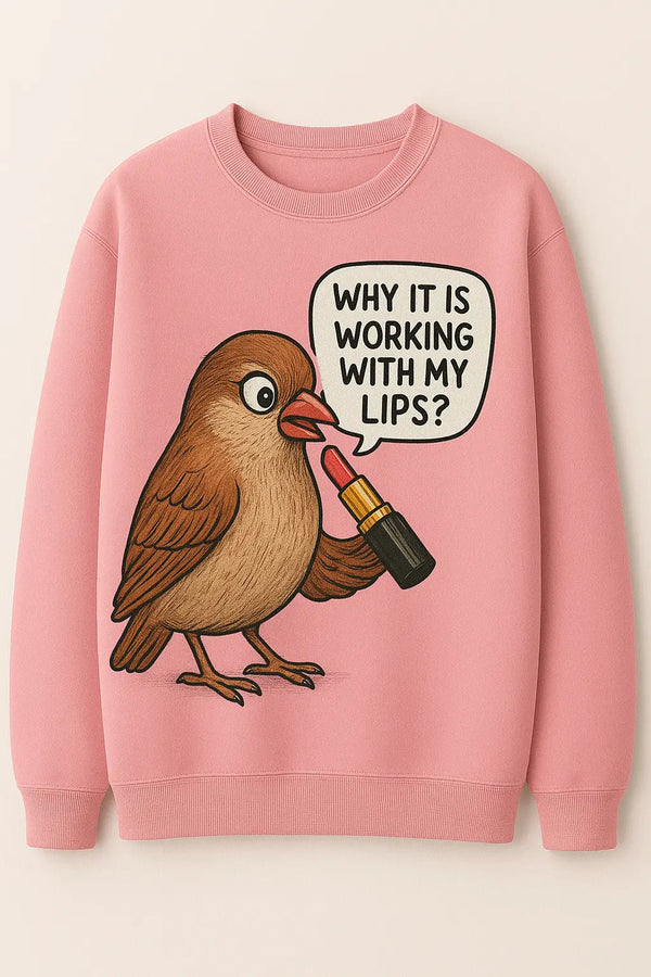 A pink custom printed sweatshirt with a sparrow wearing lipstick, an example of a Valentine's Day shirt design