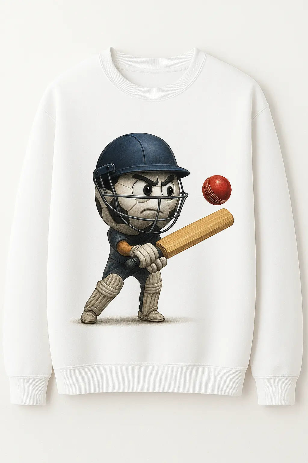 A sports-themed design printed on a white sweatshirt for a team or club