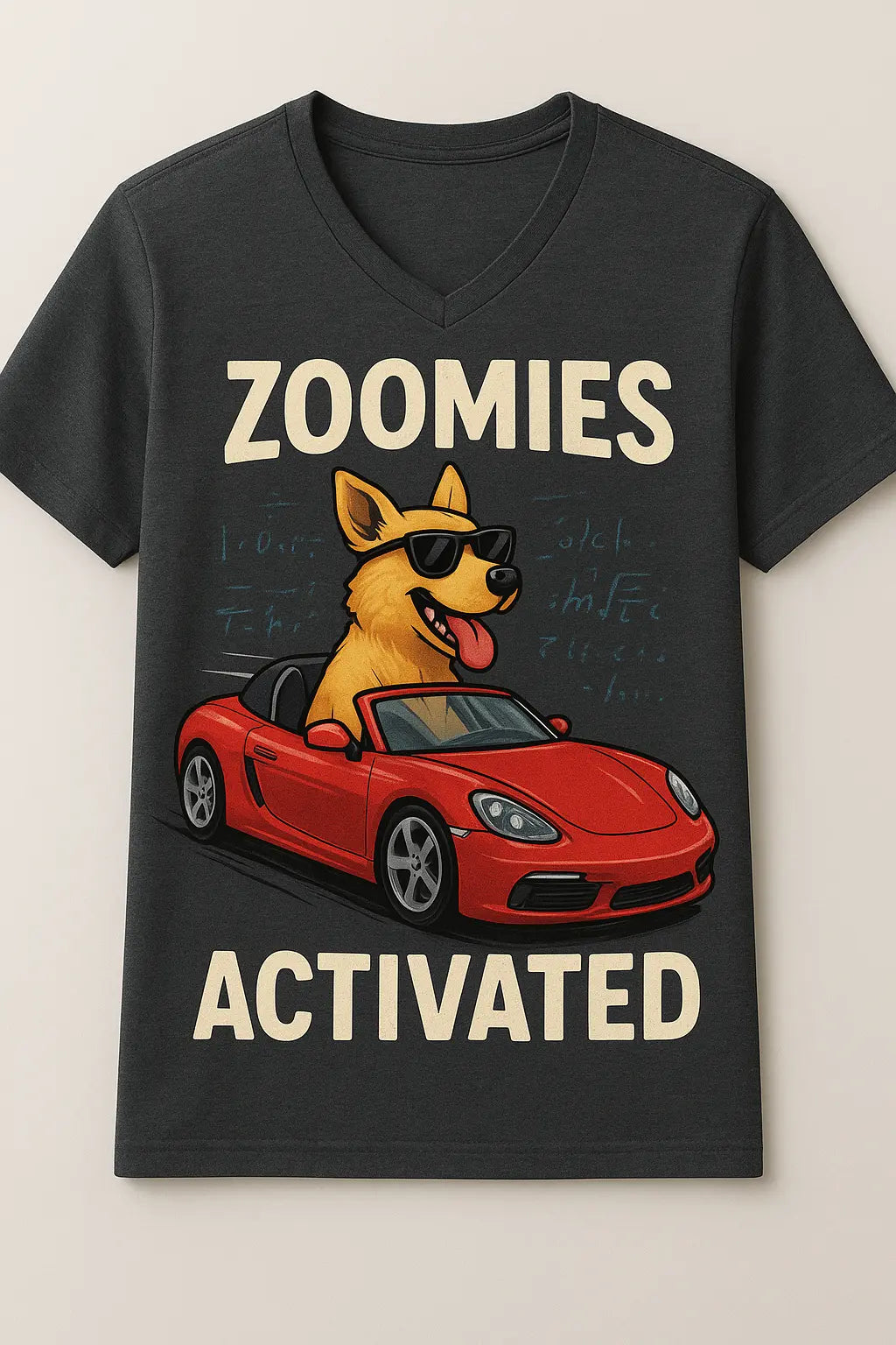 A custom t-shirt with a cartoon dog in sunglasses driving a car