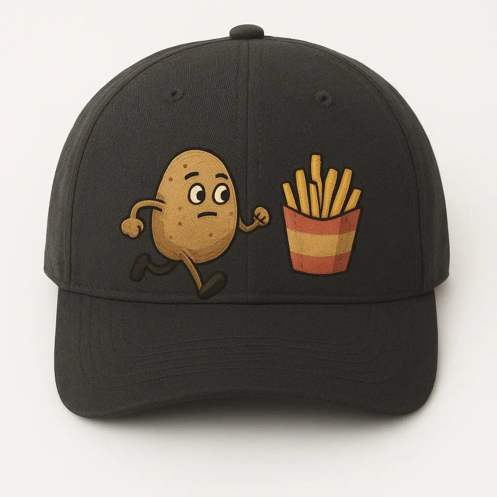 A potato running from becoming fries printed on a t-shirt, the cartoon style used for 100 days of school shirts