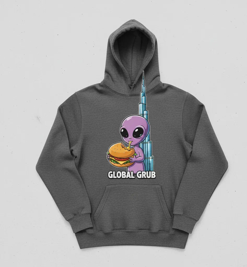 A cartoon alien design printed on a hoodie, an alternative to a Halloween costume