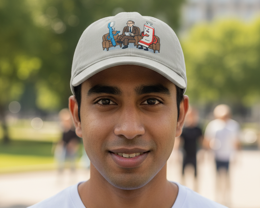 A cap printed with a design generated from a single typed prompt
