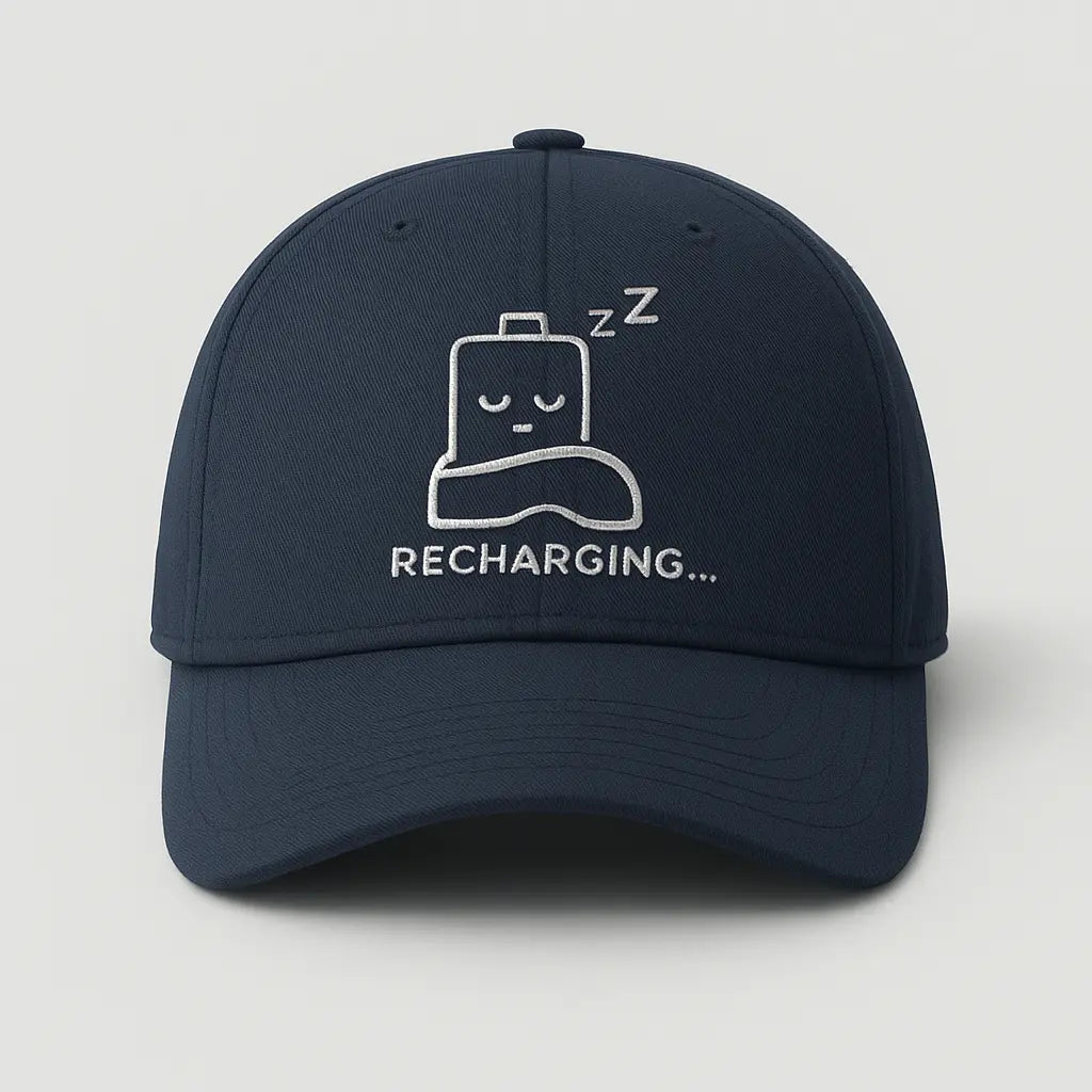 A custom printed t-shirt with a sleeping battery icon and the saying Recharging