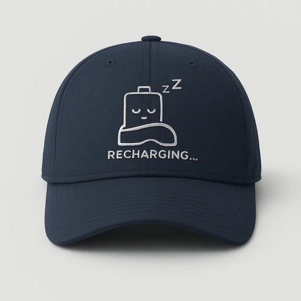 A minimal sleeping battery design captioned Recharging, printed on a gym-ready t-shirt