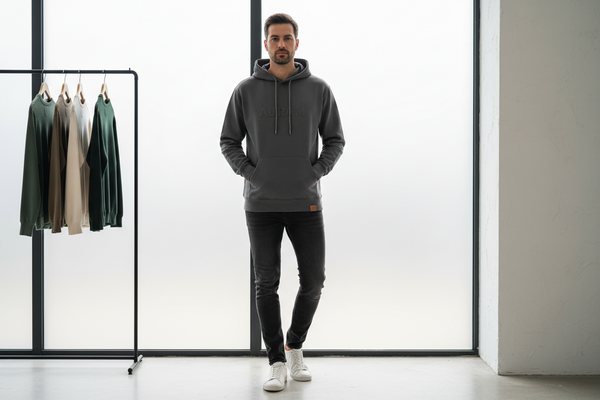 A man wearing a custom printed hooded sweatshirt, an example of a design-your-own sweatshirt