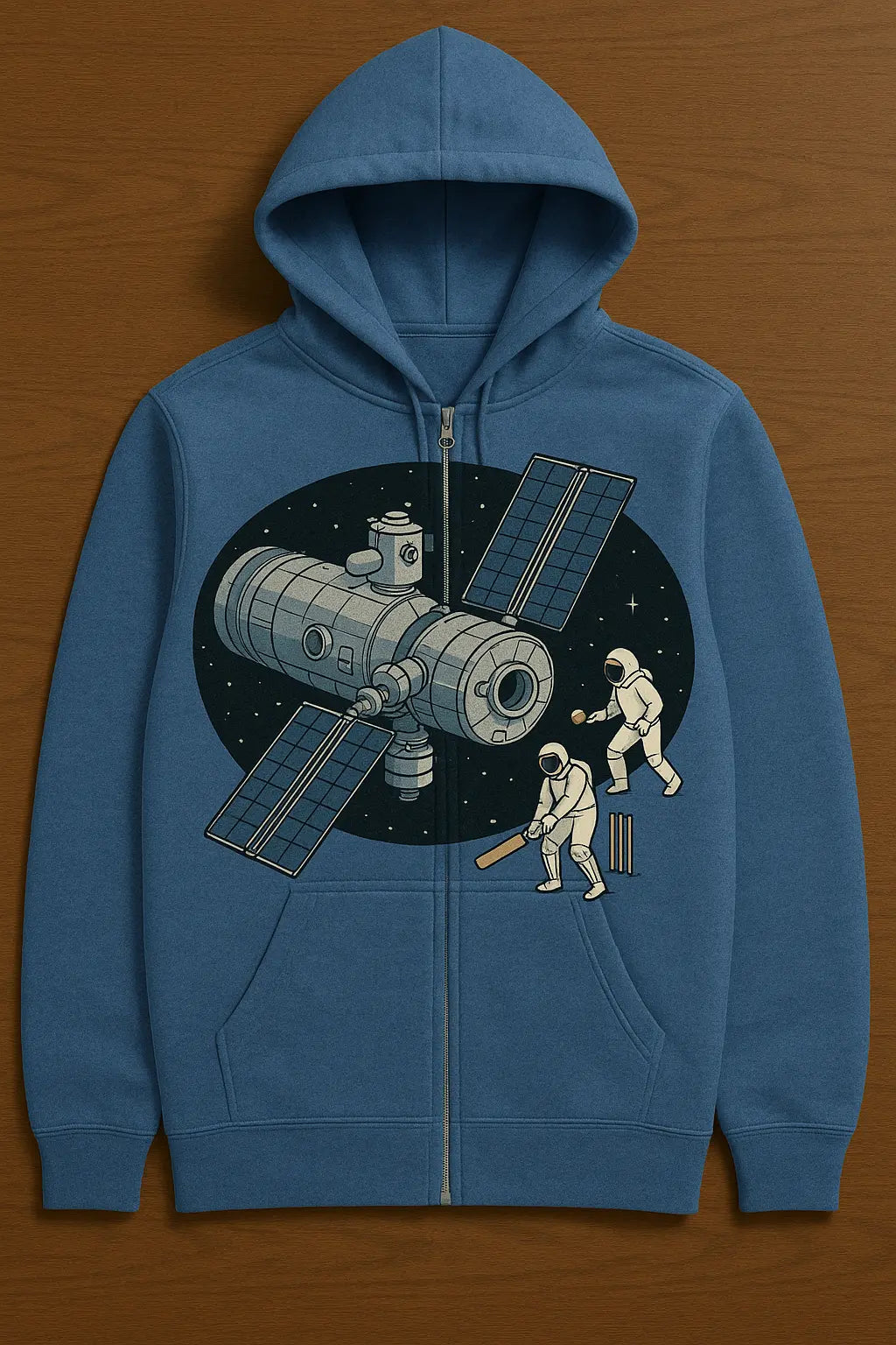Astronauts playing cricket printed on a blue hoodie, a design popular in Australia