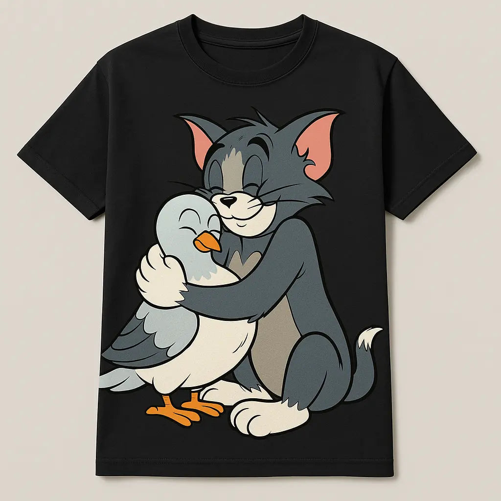 A cartoon cat hugging a duck, an example of a matching couple shirt design