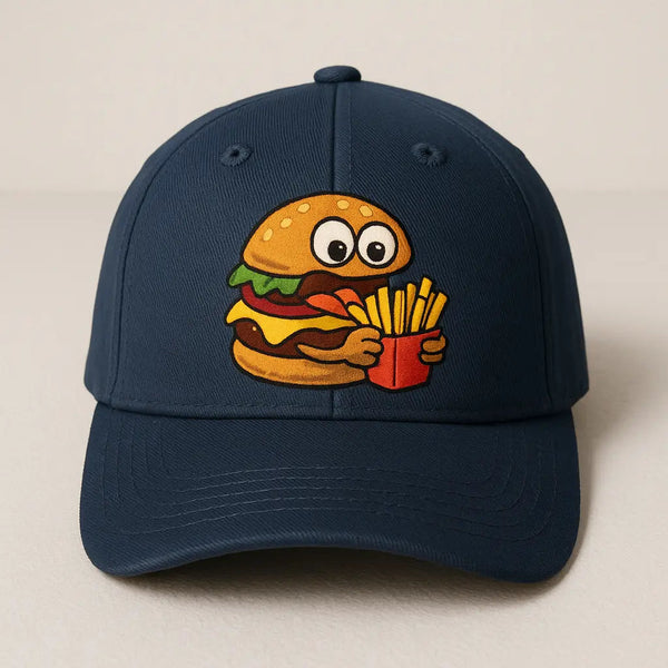 A custom printed cap with a cartoon burger eating fries on the front panel