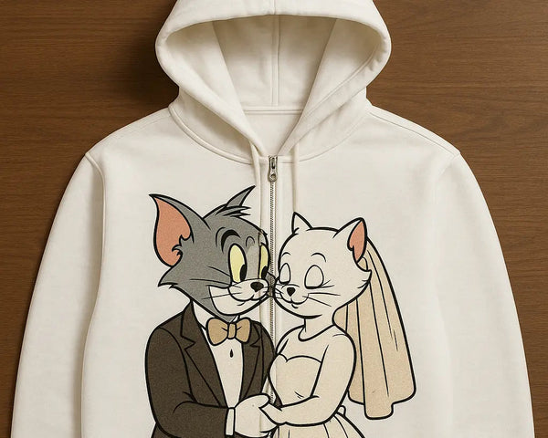 A cartoon cat wedding printed on a white zip-up hoodie, a personalized gift idea