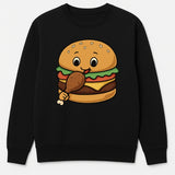 A black sweatshirt featuring a funny design of a burger eating a chicken leg piece.