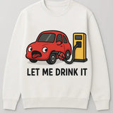 Custom printed white sweatshirt with a car fuelling itself at a petrol station