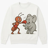 Prompt: A white sweatshirt of a design "Ant beating an Elephant in a fight"