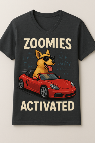 Prompt: A V-Neck shirt with an image of the dog wearing sunglasses and driving a car. Havintg it written on it as: Zoomies activated.