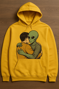 Prompt: A Yellow hoodywhich has a design of a human hugging an alien.