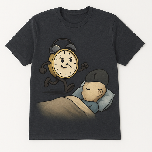 Prompt: A shirt with a design of Alarm clock sneaking away from a sleeping human.