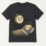 Prompt: A shirt with a design of Alarm clock sneaking away from a sleeping human.