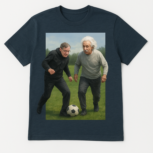 Prompt: A shirt having an image of Stephen Hawking and Einstien playing football.