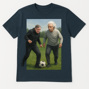 Prompt: A shirt having an image of Stephen Hawking and Einstien playing football.