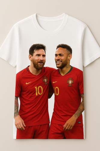 Prompt: A Shirt Design with Messi and Neymar wearing Portugal's kit.