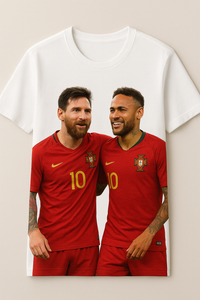 Prompt: A Shirt Design with Messi and Neymar wearing Portugal's kit.