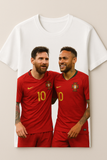Prompt: A Shirt Design with Messi and Neymar wearing Portugal's kit.
