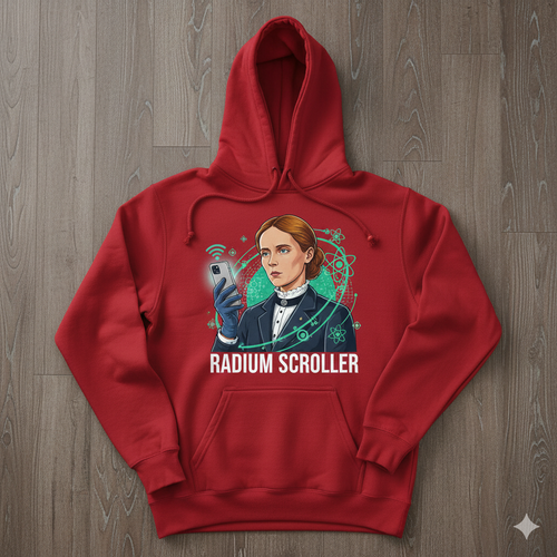 Prompt: An image of a hoody in red color having the design of a madam curie having a smart phone in hand. a realistic one