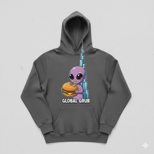 Promp: a Cartoon image of a hoody which has the design of an alien eating a burger near burj khalifa