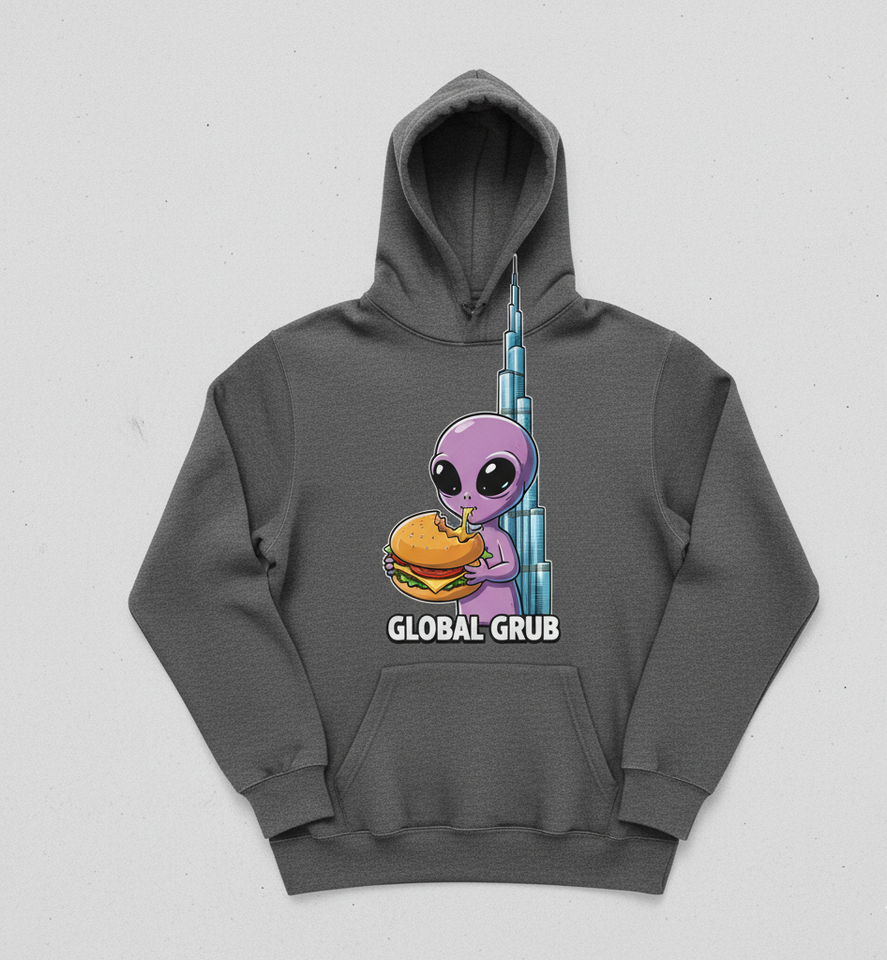 Promp: a Cartoon image of a hoody which has the design of an alien eating a burger near burj khalifa