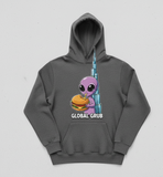 Promp: a Cartoon image of a hoody which has the design of an alien eating a burger near burj khalifa