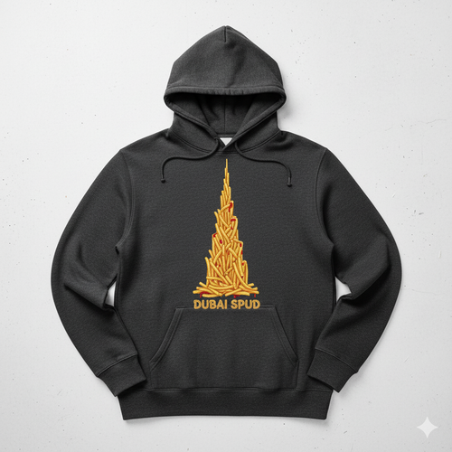 Prompt: A realistic image of a hoody having a design of burj khalifa made from french fries