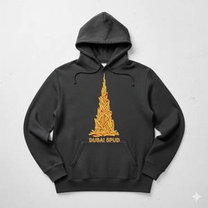 Prompt: A realistic image of a hoody having a design of burj khalifa made from french fries