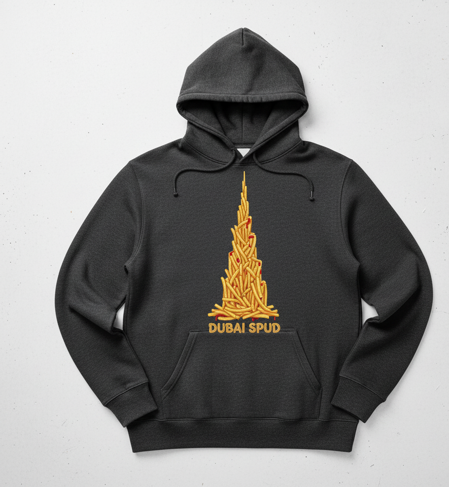 Prompt: A realistic image of a hoody having a design of burj khalifa made from french fries