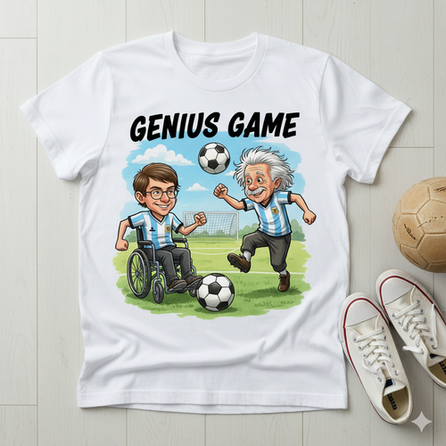 Prompt: A white shirt of a cartoon style design of Stephen Hawking and Einstien playing football.