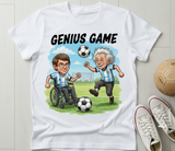 Prompt: A white shirt of a cartoon style design of Stephen Hawking and Einstien playing football.