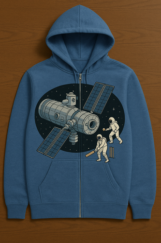 Prompt: A blue hoody having an image of a spacestation where astrnonaouts are playing cricket