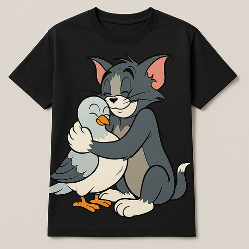Prompt: Tom, a character of cartoon Tom and Jerry, warmly hugging a duck.