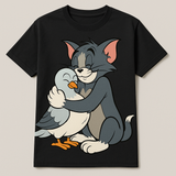 Prompt: Tom, a character of cartoon Tom and Jerry, warmly hugging a duck.