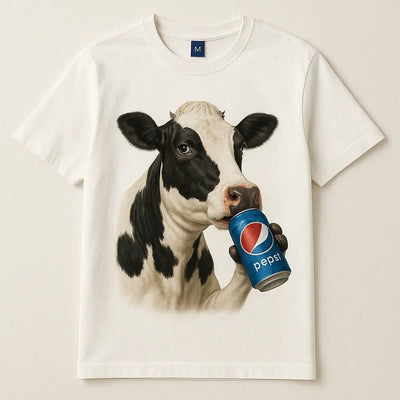 Custom printed t-shirt with a cartoon cow drinking a can of soda