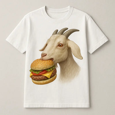 Custom printed t-shirt with a cartoon goat eating a burger