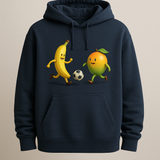 Prompt: A hoodie of a design "Banana Playing Football With Mango"
