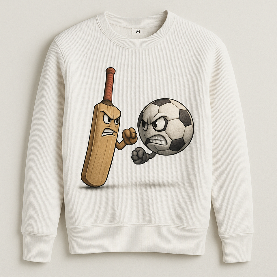 Prompt: A white thermal sweatshirt featuring a design of a football fighting with a cricket bat.