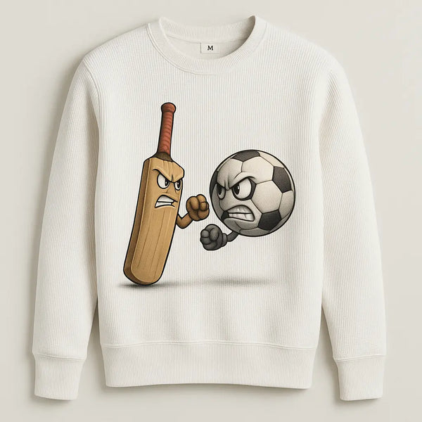 Custom printed white thermal sweatshirt with a football and cricket bat design