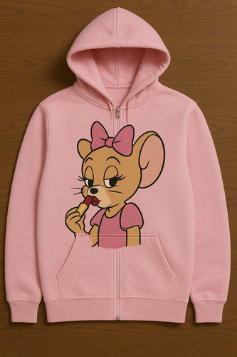 Prompt: A hoody in pink color for girls having an a cartoon using lipstick.