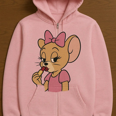 Custom printed pink hoodie with a cartoon applying lipstick