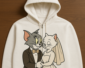 Prompt: A white zipper hoody having a design of tom marrying another lady cat