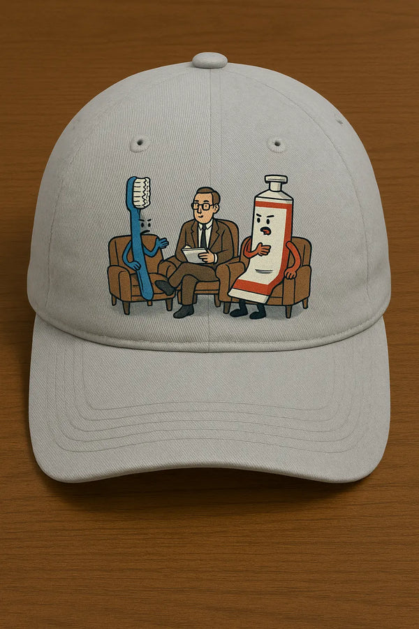 Custom printed cap with a toothbrush and toothpaste cartoon